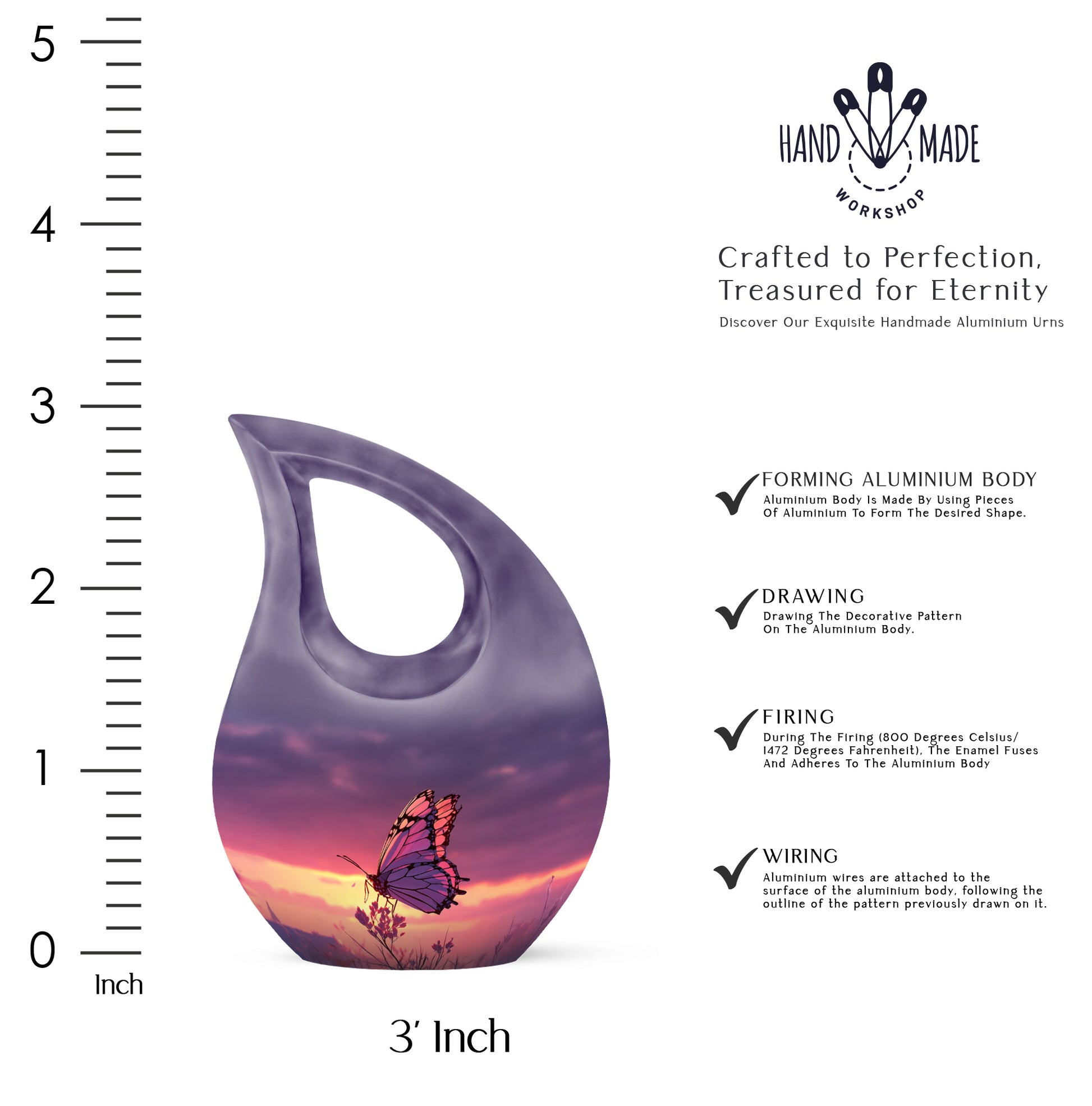 Vivid Blue Butterfly Cremation Urn back view with polished surface - faith-inspired cross-drop urn with butterfly pattern - mini keepsake memorial for portion of cremation ashes