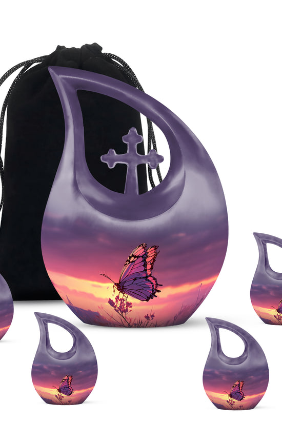 Cobalt Blue Butterfly Cremation Urn urn with complimentary velvet bag - devotional cross-drop butterfly engraving - memorial set with one large and four small urns