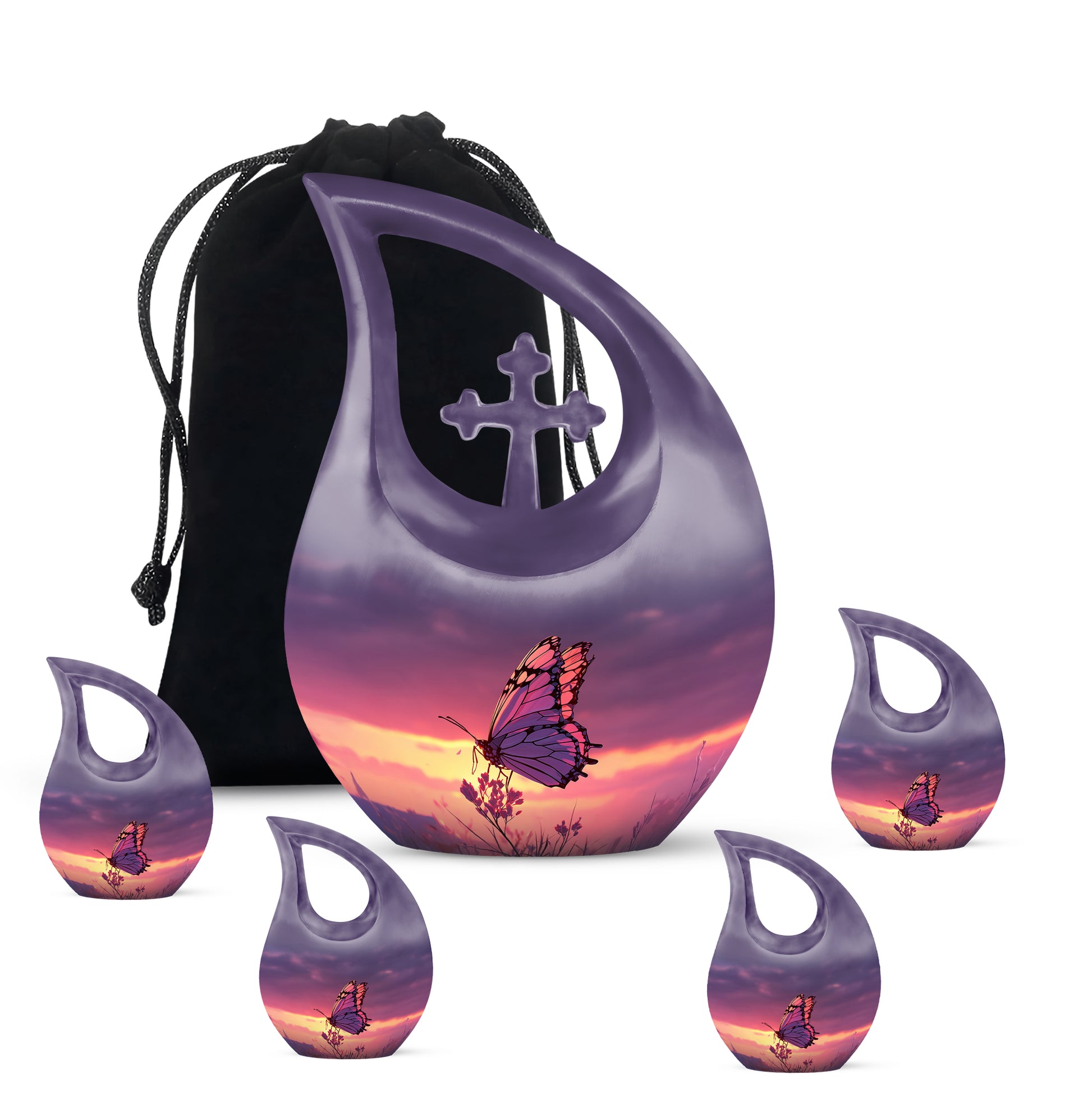 Cobalt Blue Butterfly Cremation Urn urn with complimentary velvet bag - devotional cross-drop butterfly engraving - memorial set with one large and four small urns