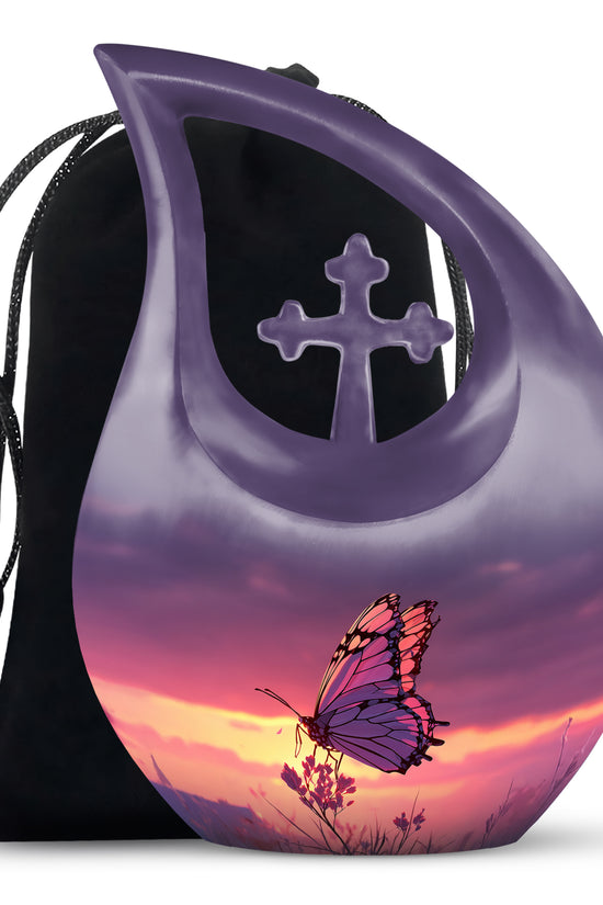 Serene Blue Butterfly Cremation Urn top-down view of secure threaded lid - faith-inspired cross-drop urn with butterfly pattern - full-size 10 inch 200 cubic inch adult cremation urn