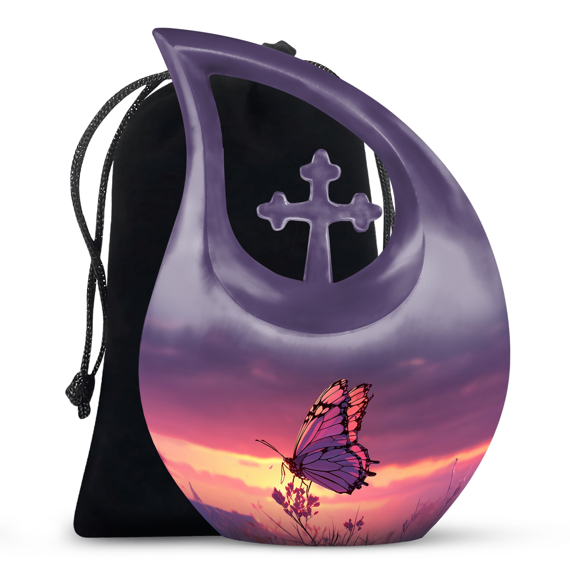 Serene Blue Butterfly Cremation Urn top-down view of secure threaded lid - faith-inspired cross-drop urn with butterfly pattern - full-size 10 inch 200 cubic inch adult cremation urn