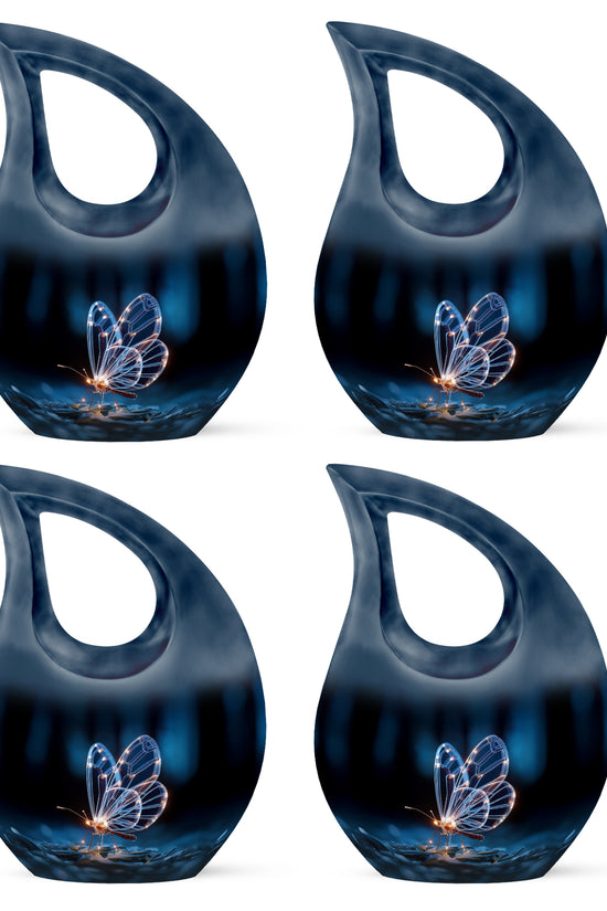 Charcoal Black Butterfly Cremation Urn lifestyle display on memorial shelf - devotional cross-drop butterfly engraving - 10 inch aluminum urn for cremated remains