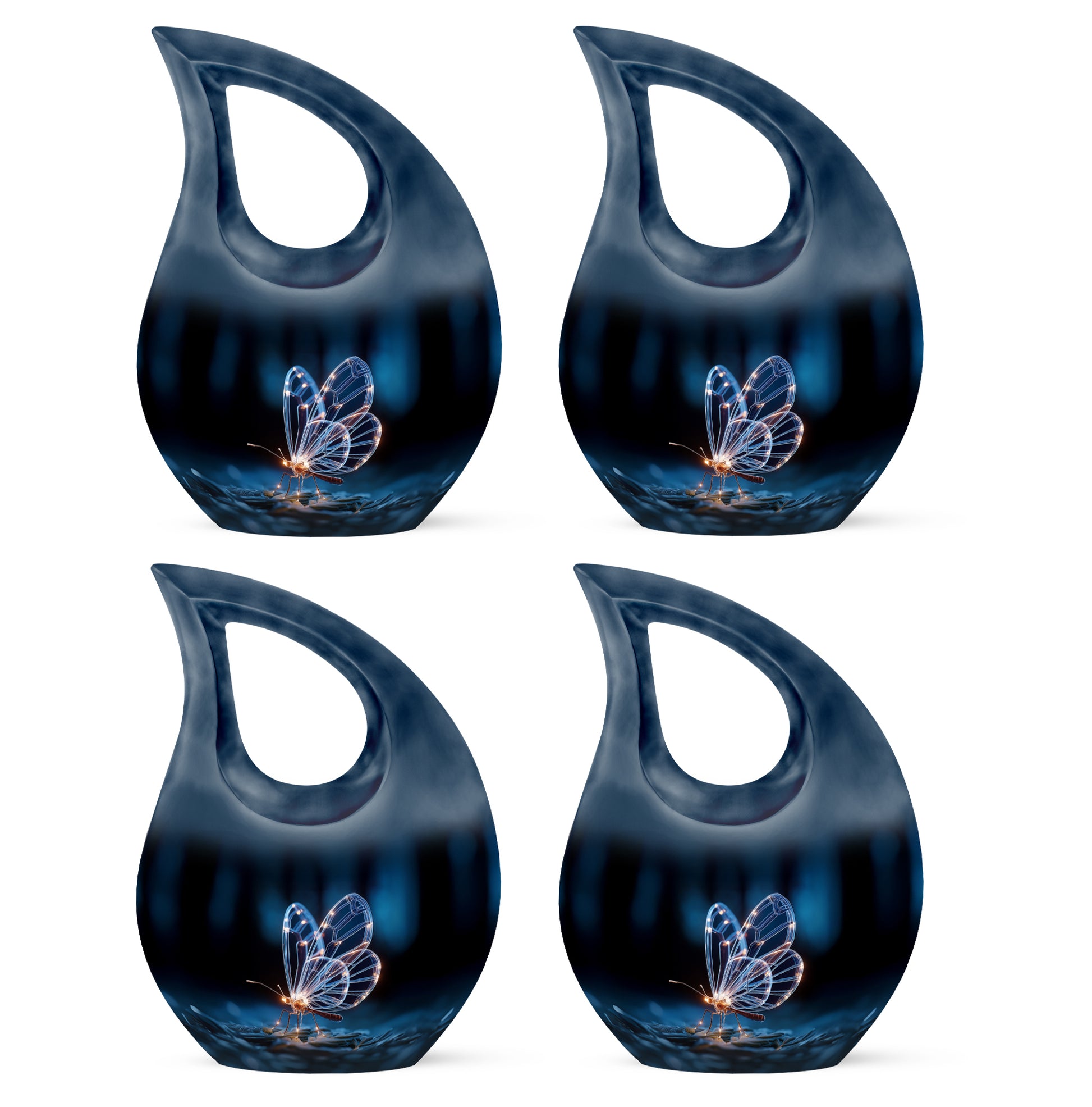 Charcoal Black Butterfly Cremation Urn lifestyle display on memorial shelf - devotional cross-drop butterfly engraving - 10 inch aluminum urn for cremated remains