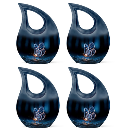 Charcoal Black Butterfly Cremation Urn lifestyle display on memorial shelf - devotional cross-drop butterfly engraving - 10 inch aluminum urn for cremated remains
