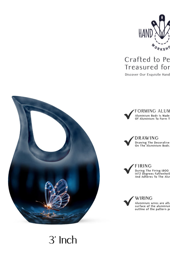 Onyx Black Butterfly Cremation Urn back view with polished surface - faith-inspired cross-drop urn with butterfly pattern - mini keepsake memorial for portion of cremation ashes