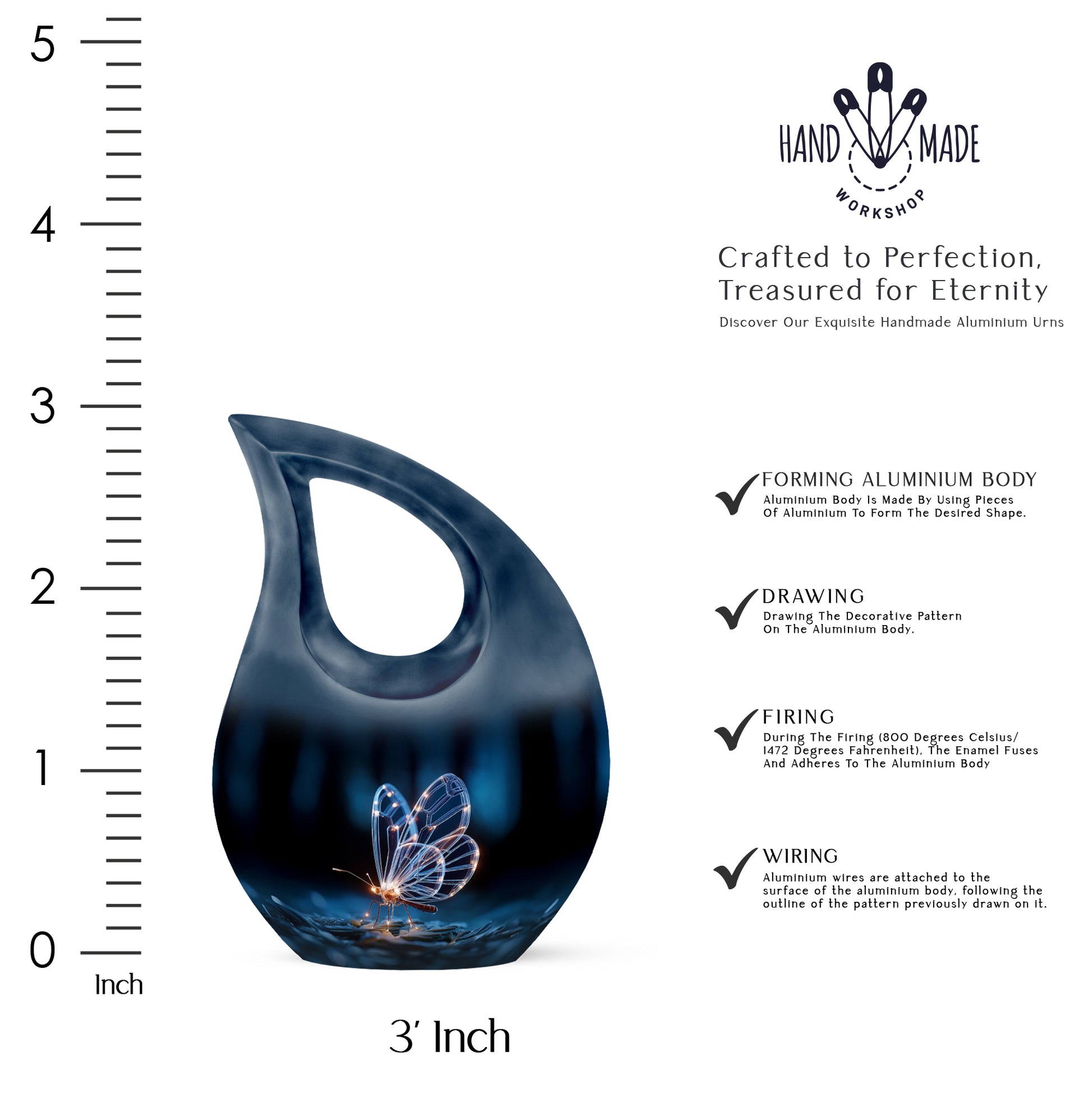 Onyx Black Butterfly Cremation Urn back view with polished surface - faith-inspired cross-drop urn with butterfly pattern - mini keepsake memorial for portion of cremation ashes