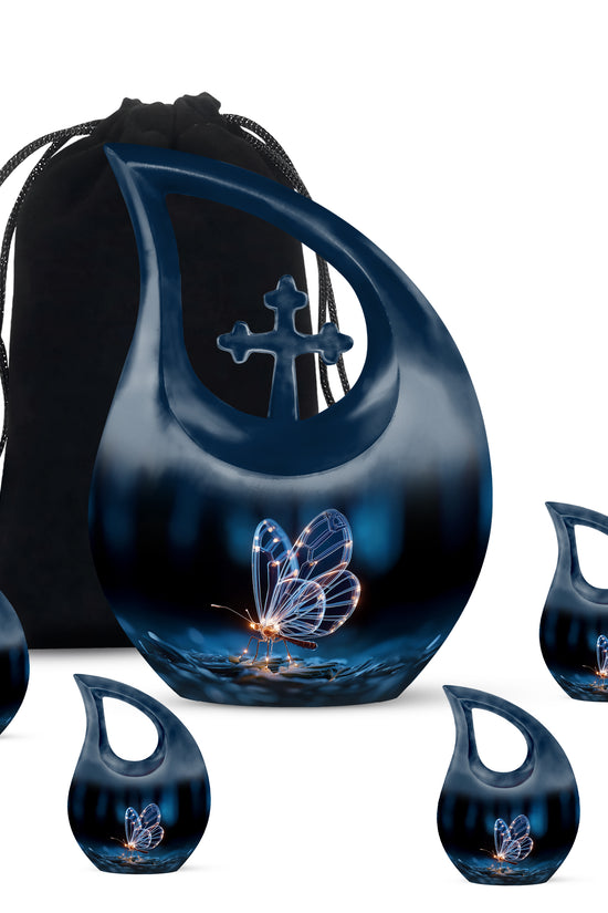 Charcoal Black Butterfly Cremation Urn urn with complimentary velvet bag - faith-inspired cross-drop urn with butterfly pattern - memorial set with one large and four small urns