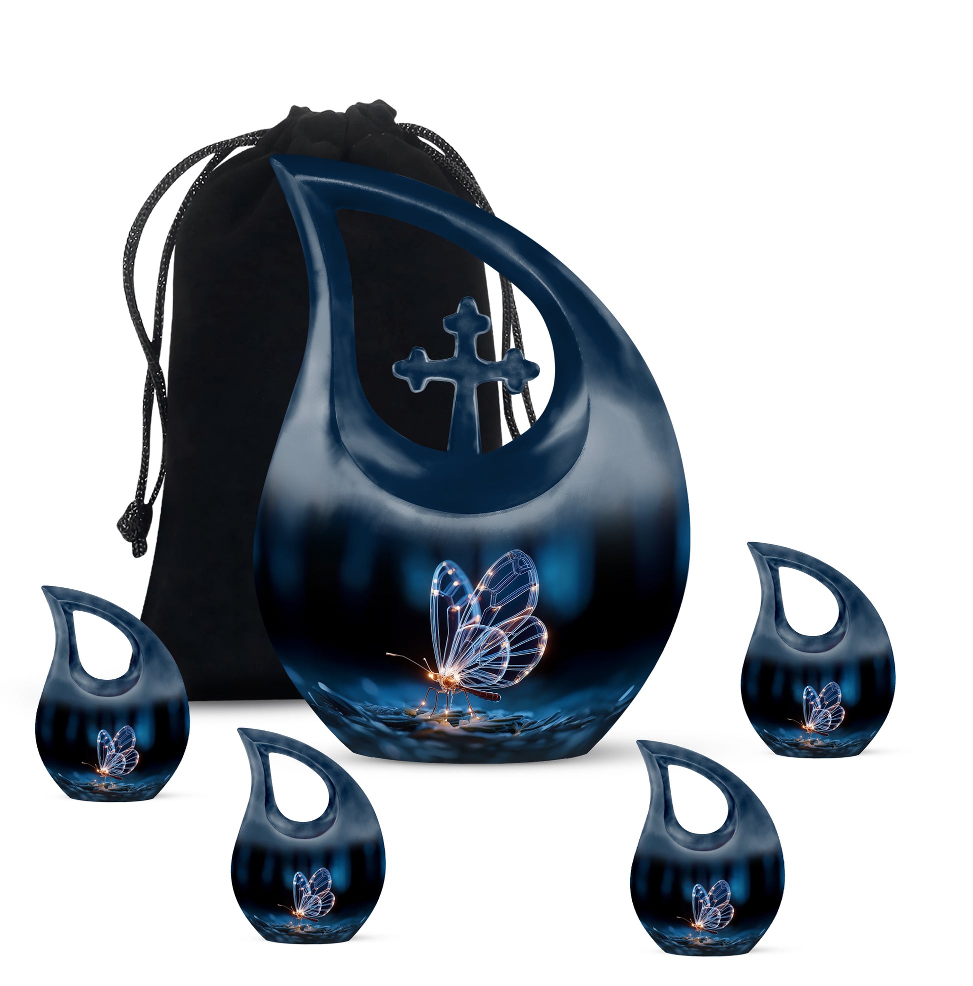 Charcoal Black Butterfly Cremation Urn urn with complimentary velvet bag - faith-inspired cross-drop urn with butterfly pattern - memorial set with one large and four small urns