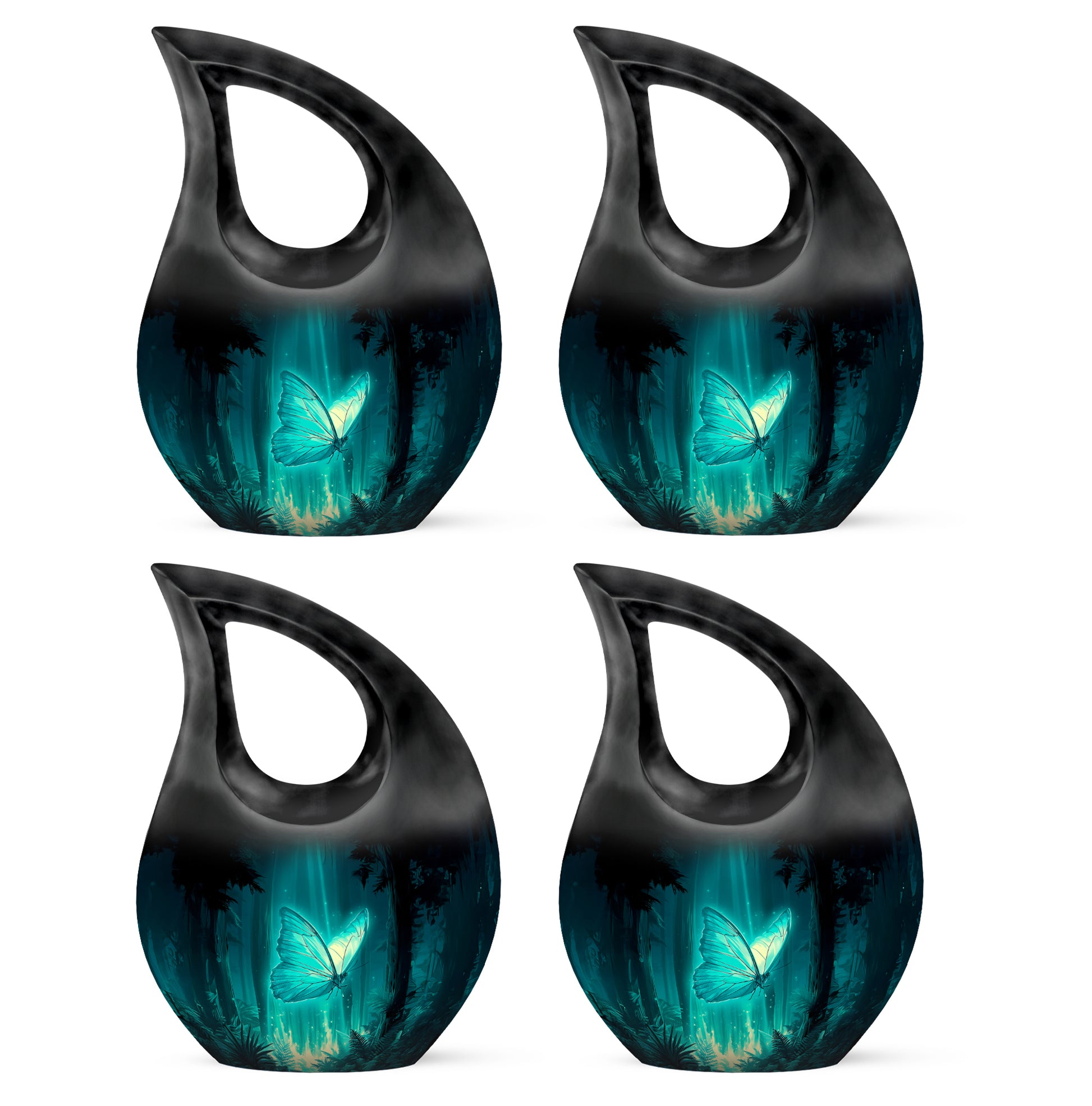 Cool Teal Butterfly Cremation Urn lifestyle display on memorial shelf - sacred cross merged with butterfly motif on metal - 10 inch aluminum urn for cremated remains