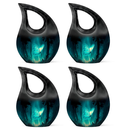 Cool Teal Butterfly Cremation Urn lifestyle display on memorial shelf - sacred cross merged with butterfly motif on metal - 10 inch aluminum urn for cremated remains