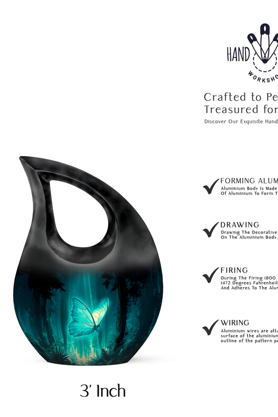 Vivid Teal Butterfly Cremation Urn back view with polished surface - devotional cross-drop butterfly engraving - mini keepsake memorial for portion of cremation ashes