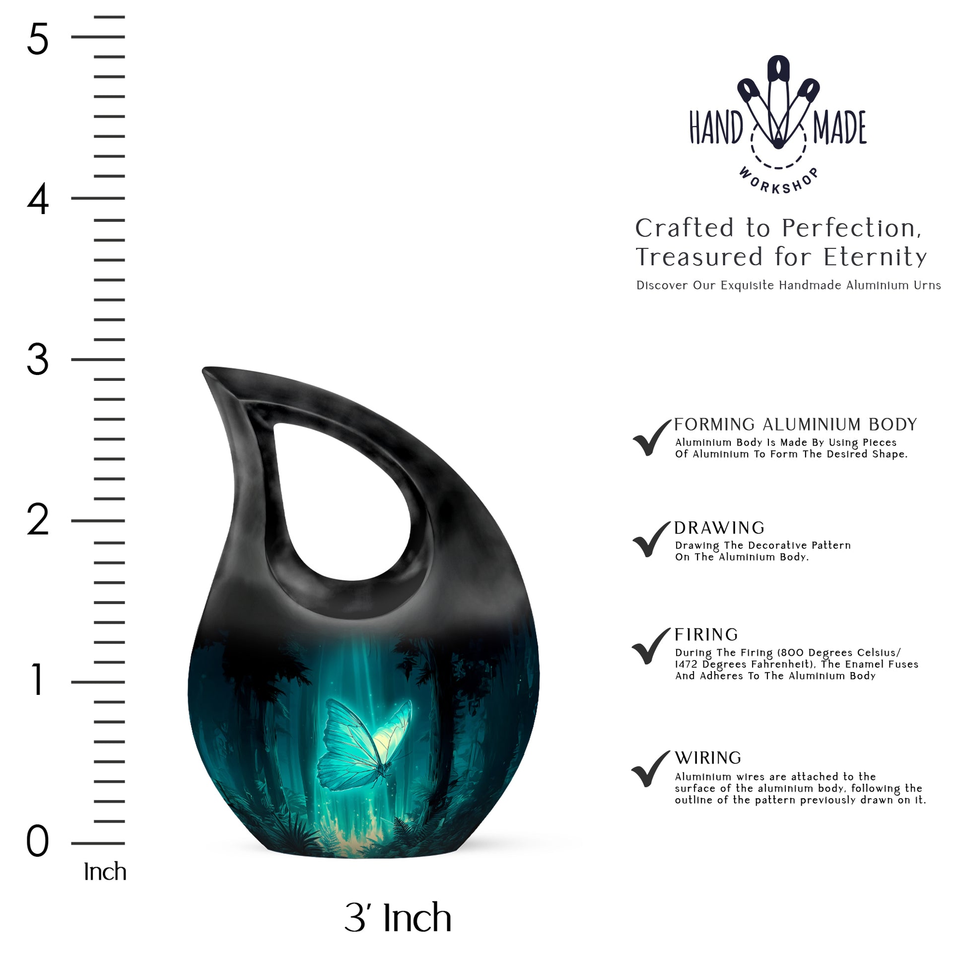 Vivid Teal Butterfly Cremation Urn back view with polished surface - devotional cross-drop butterfly engraving - mini keepsake memorial for portion of cremation ashes