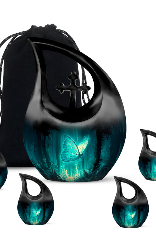 Aqua Teal Butterfly Cremation Urn urn with complimentary velvet bag - faith-inspired cross-drop urn with butterfly pattern - memorial set with one large and four small urns