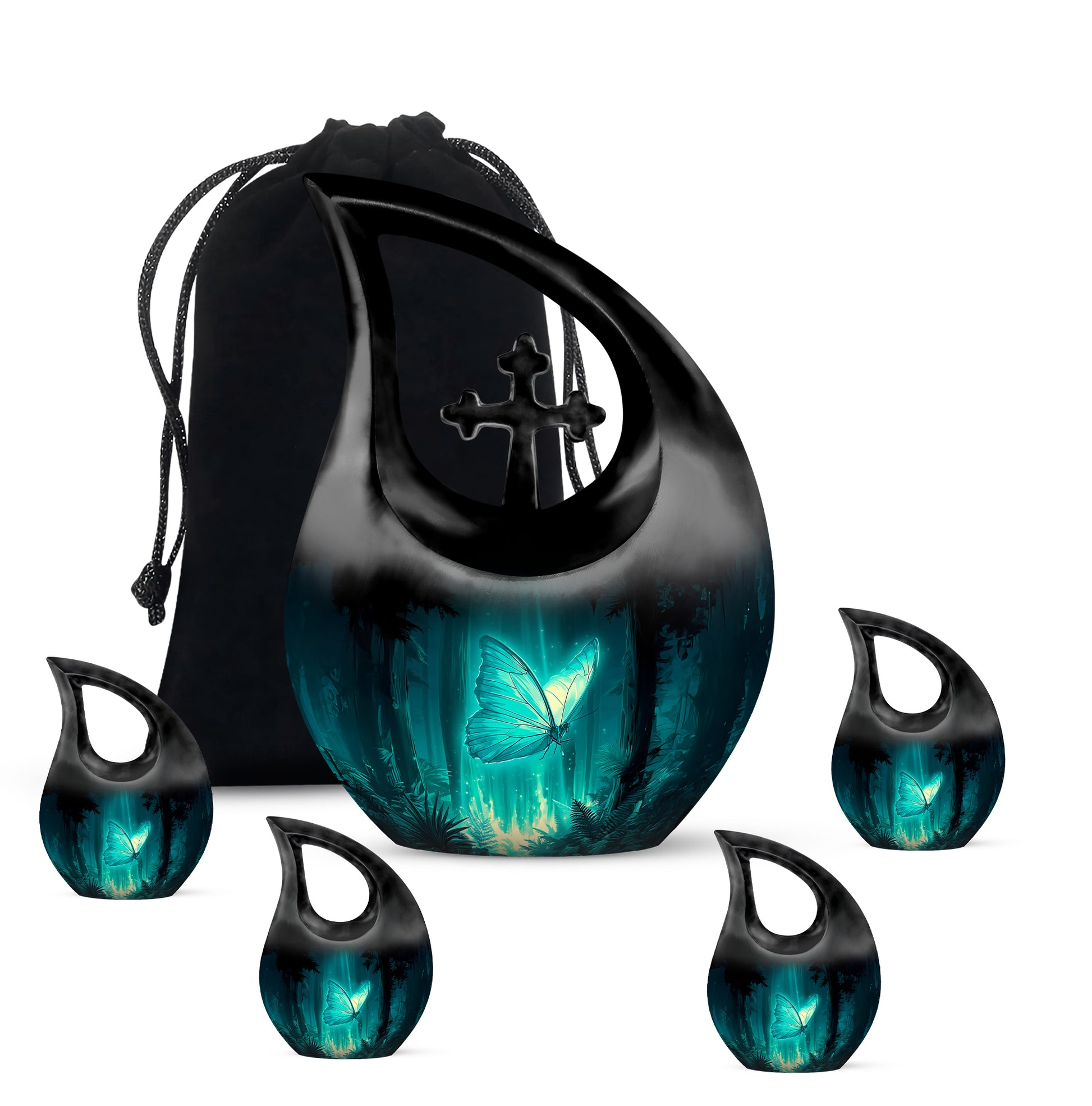 Aqua Teal Butterfly Cremation Urn urn with complimentary velvet bag - faith-inspired cross-drop urn with butterfly pattern - memorial set with one large and four small urns