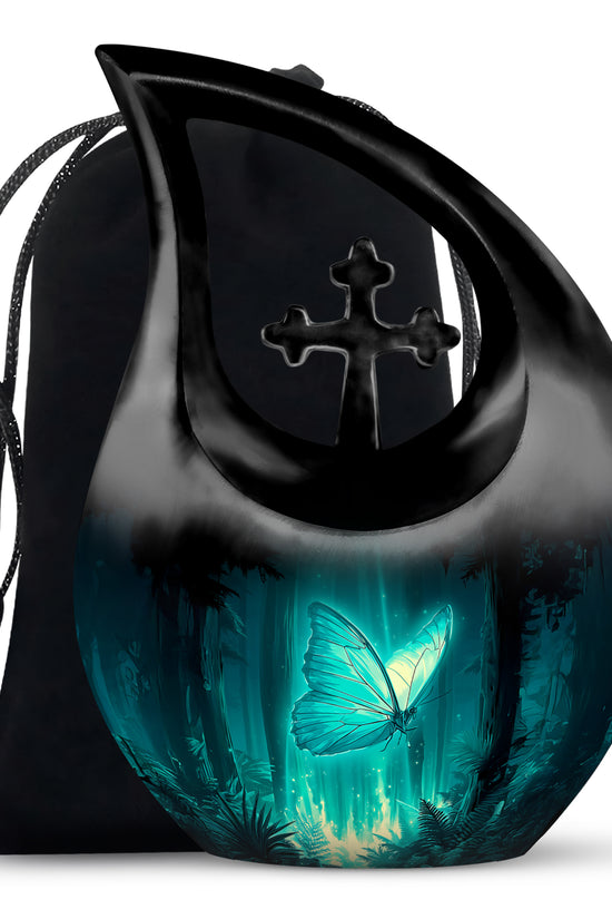 Mystic Teal Butterfly Cremation Urn top-down view of secure threaded lid - faith-inspired cross-drop urn with butterfly pattern - full-size 10 inch 200 cubic inch adult cremation urn