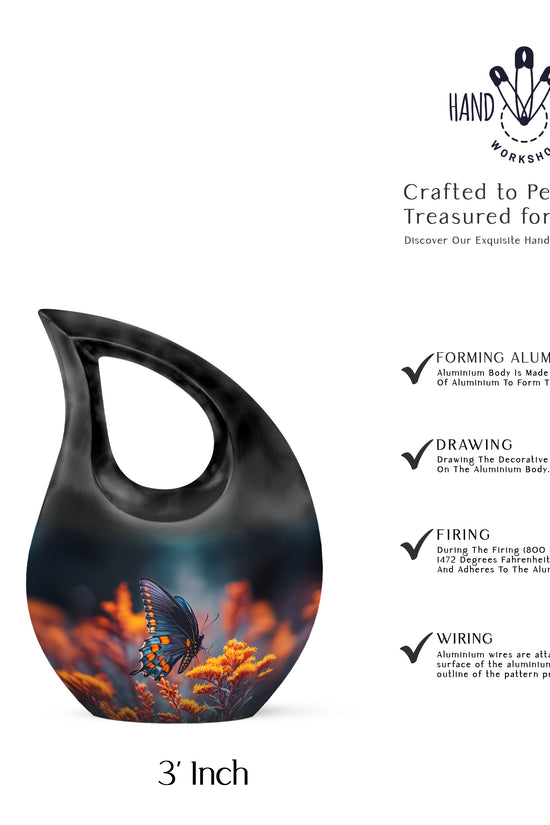 Azure Butterfly Cremation Urn back view with polished surface - cross and butterfly combined in spiritual memorial design - mini keepsake memorial for portion of cremation ashes