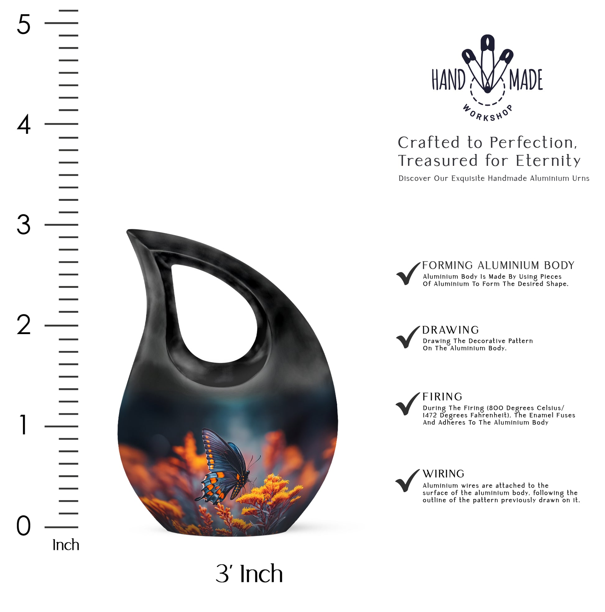 Azure Butterfly Cremation Urn back view with polished surface - cross and butterfly combined in spiritual memorial design - mini keepsake memorial for portion of cremation ashes