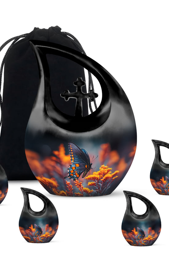 Indigo Butterfly Cremation Urn urn with complimentary velvet bag - cross and butterfly combined in spiritual memorial design - memorial set with one large and four small urns
