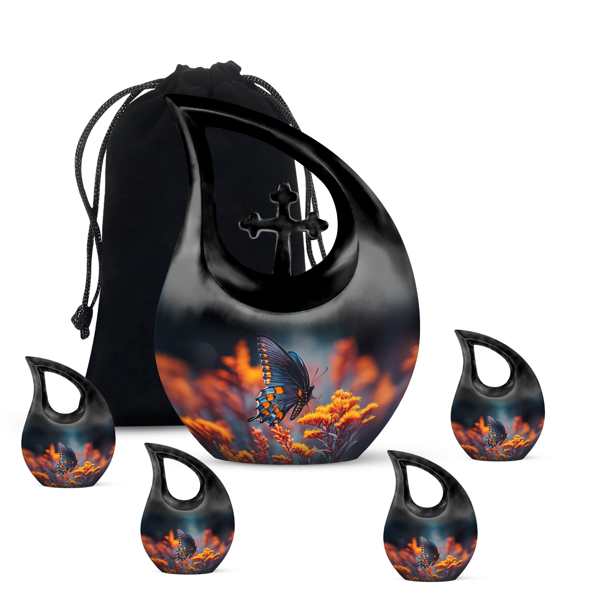 Indigo Butterfly Cremation Urn urn with complimentary velvet bag - cross and butterfly combined in spiritual memorial design - memorial set with one large and four small urns