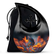 Bright Blue Butterfly Cremation Urn top-down view of secure threaded lid - devotional cross-drop butterfly engraving - full-size 10 inch 200 cubic inch adult cremation urn
