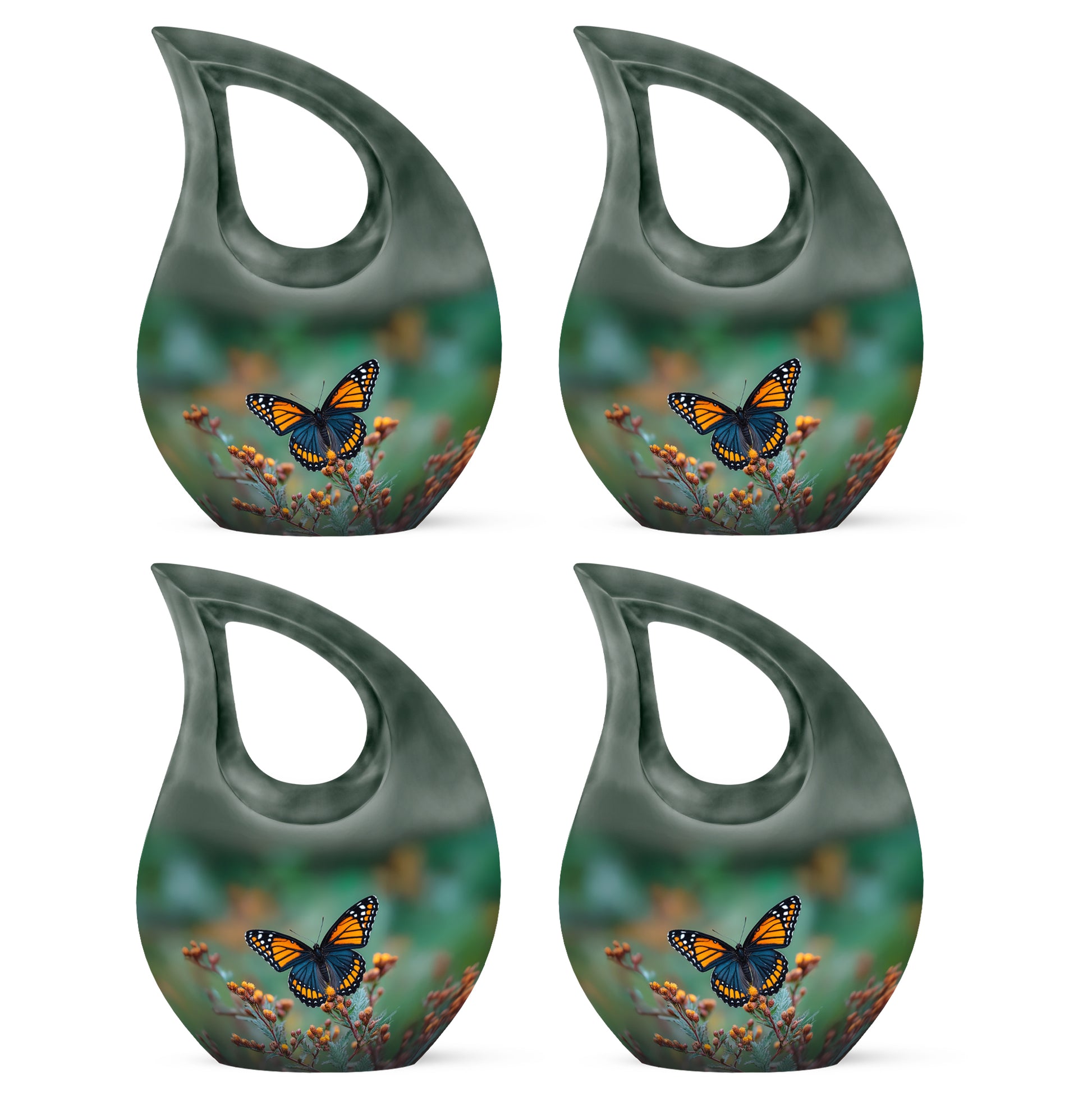 Olive Green Butterfly Cremation Urn lifestyle display on memorial shelf - devotional cross-drop butterfly engraving - 10 inch aluminum urn for cremated remains