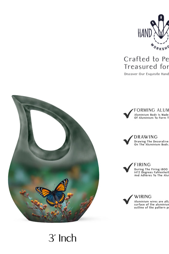 Pine Green Butterfly Cremation Urn back view with polished surface - devotional cross-drop butterfly engraving - mini keepsake memorial for portion of cremation ashes