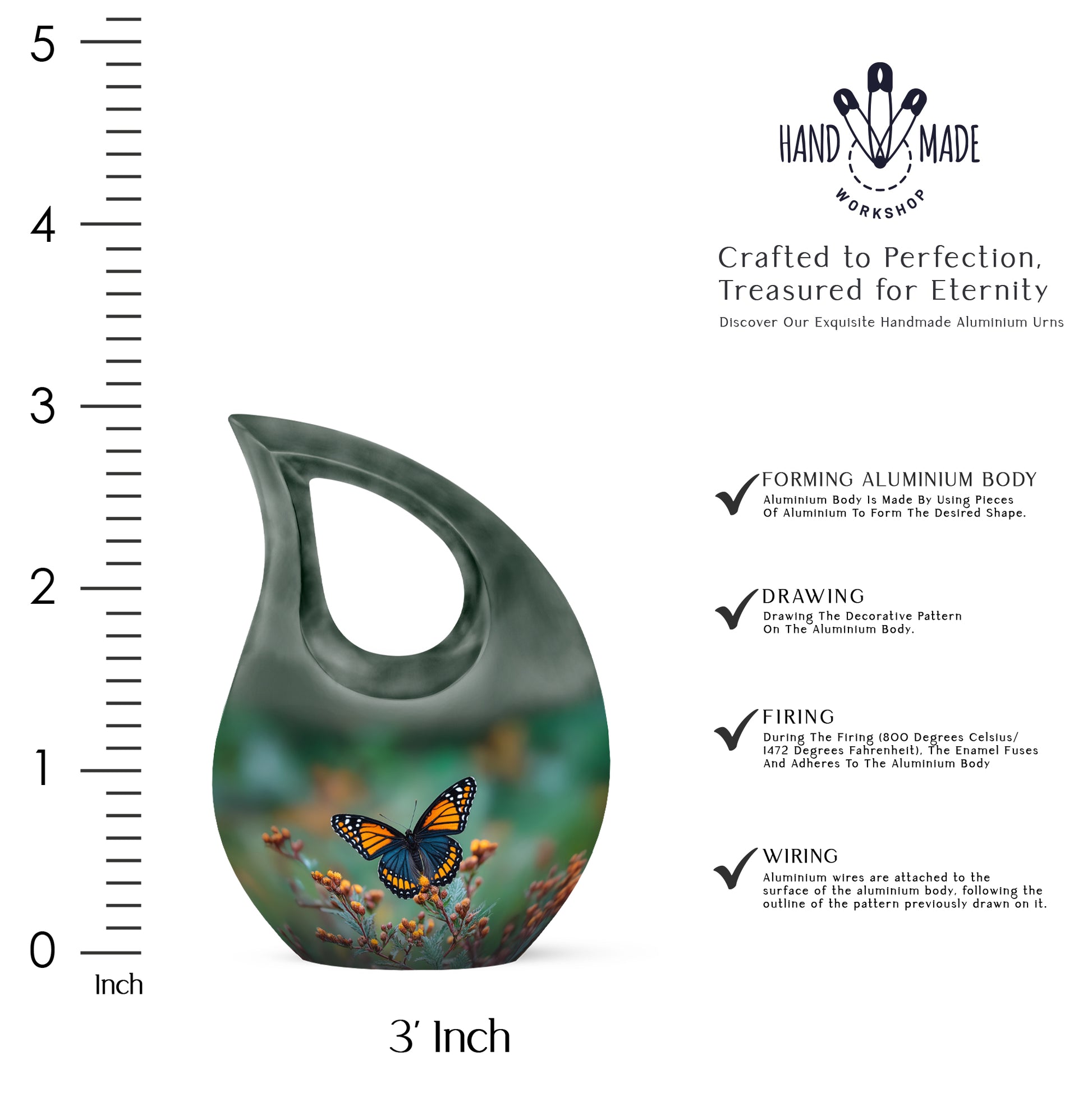 Pine Green Butterfly Cremation Urn back view with polished surface - devotional cross-drop butterfly engraving - mini keepsake memorial for portion of cremation ashes