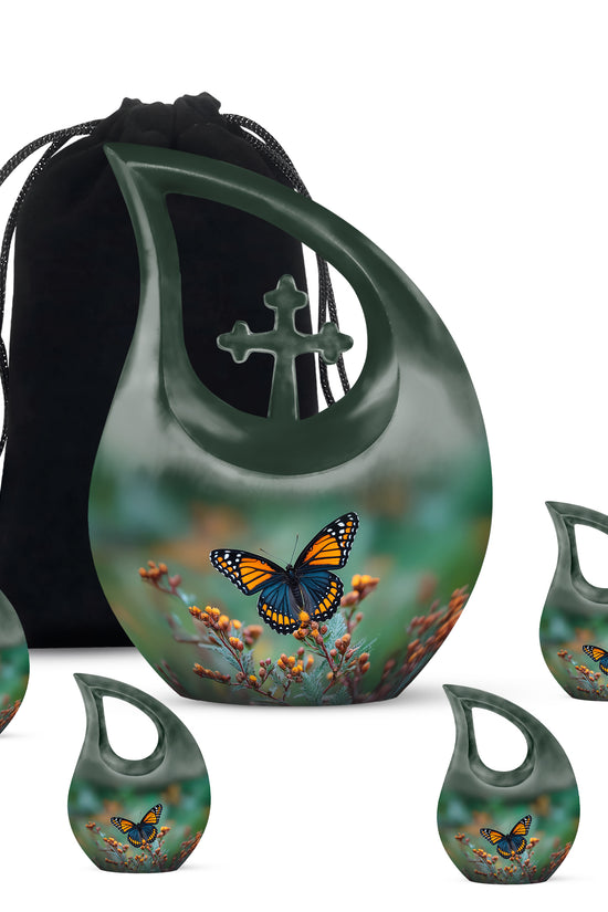 Verdant Green Butterfly Cremation Urn urn with complimentary velvet bag - cross and butterfly combined in spiritual memorial design - memorial set with one large and four small urns