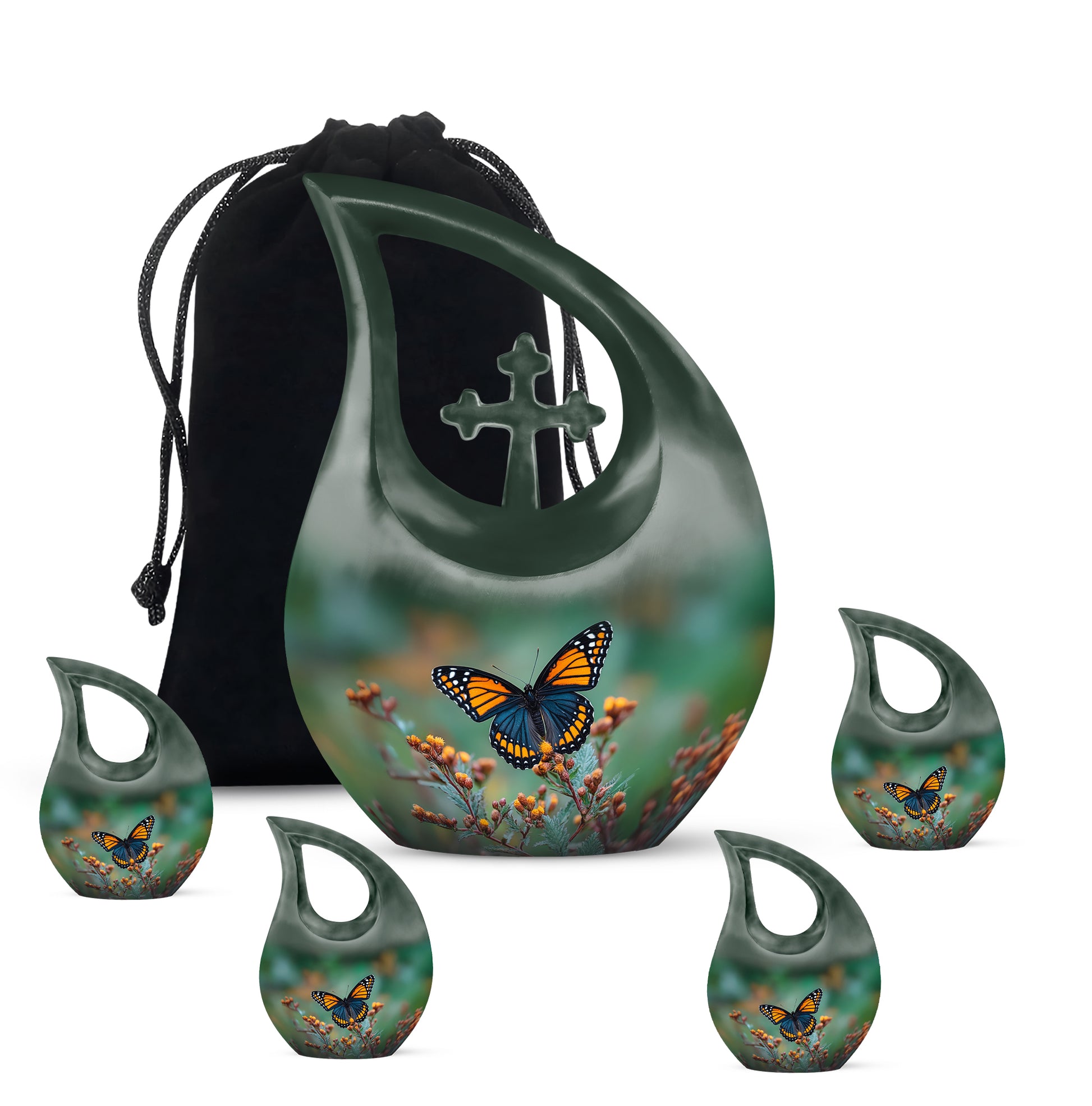 Verdant Green Butterfly Cremation Urn urn with complimentary velvet bag - cross and butterfly combined in spiritual memorial design - memorial set with one large and four small urns