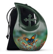 Mint Green Butterfly Cremation Urn top-down view of secure threaded lid - faith-inspired cross-drop urn with butterfly pattern - full-size 10 inch 200 cubic inch adult cremation urn