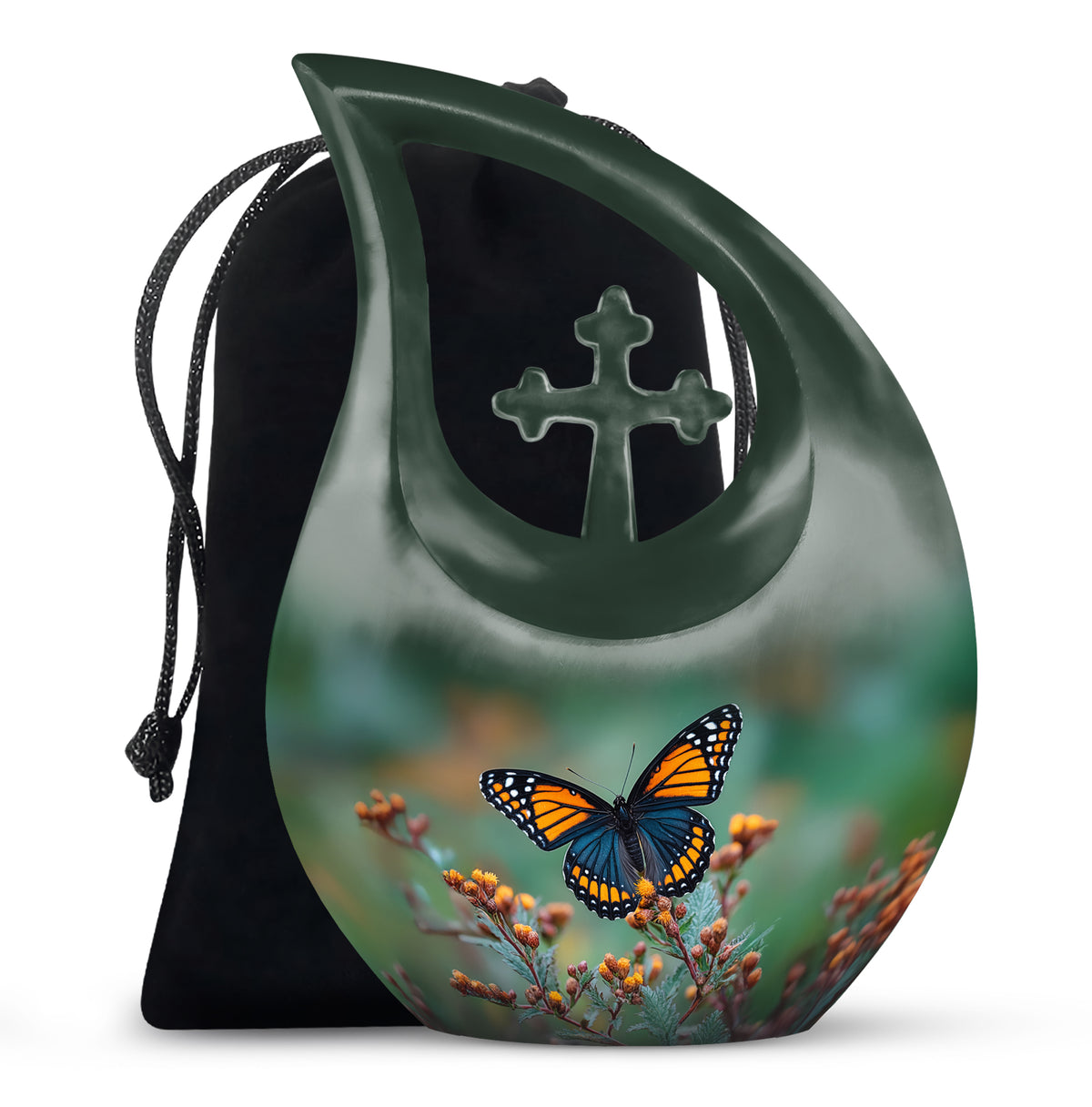 Mint Green Butterfly Cremation Urn top-down view of secure threaded lid - faith-inspired cross-drop urn with butterfly pattern - full-size 10 inch 200 cubic inch adult cremation urn