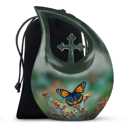 Mint Green Butterfly Cremation Urn top-down view of secure threaded lid - faith-inspired cross-drop urn with butterfly pattern - full-size 10 inch 200 cubic inch adult cremation urn