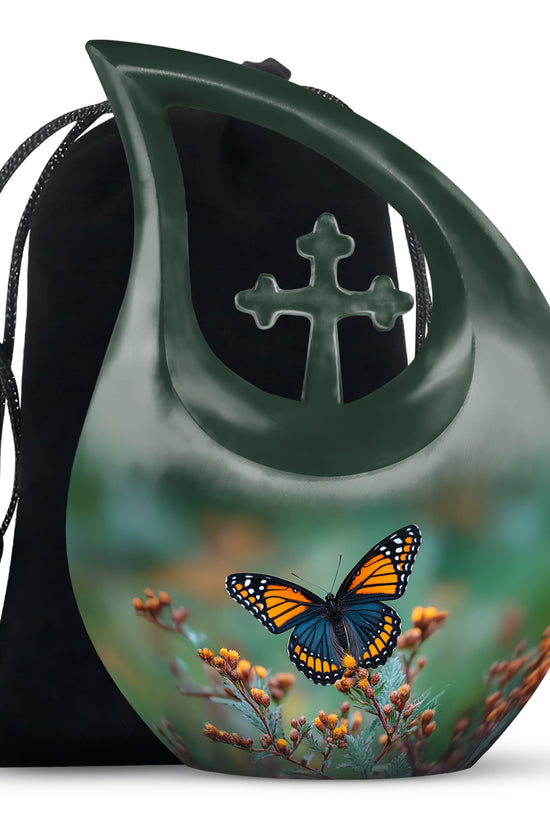 Mint Green Butterfly Cremation Urn top-down view of secure threaded lid - faith-inspired cross-drop urn with butterfly pattern - full-size 10 inch 200 cubic inch adult cremation urn