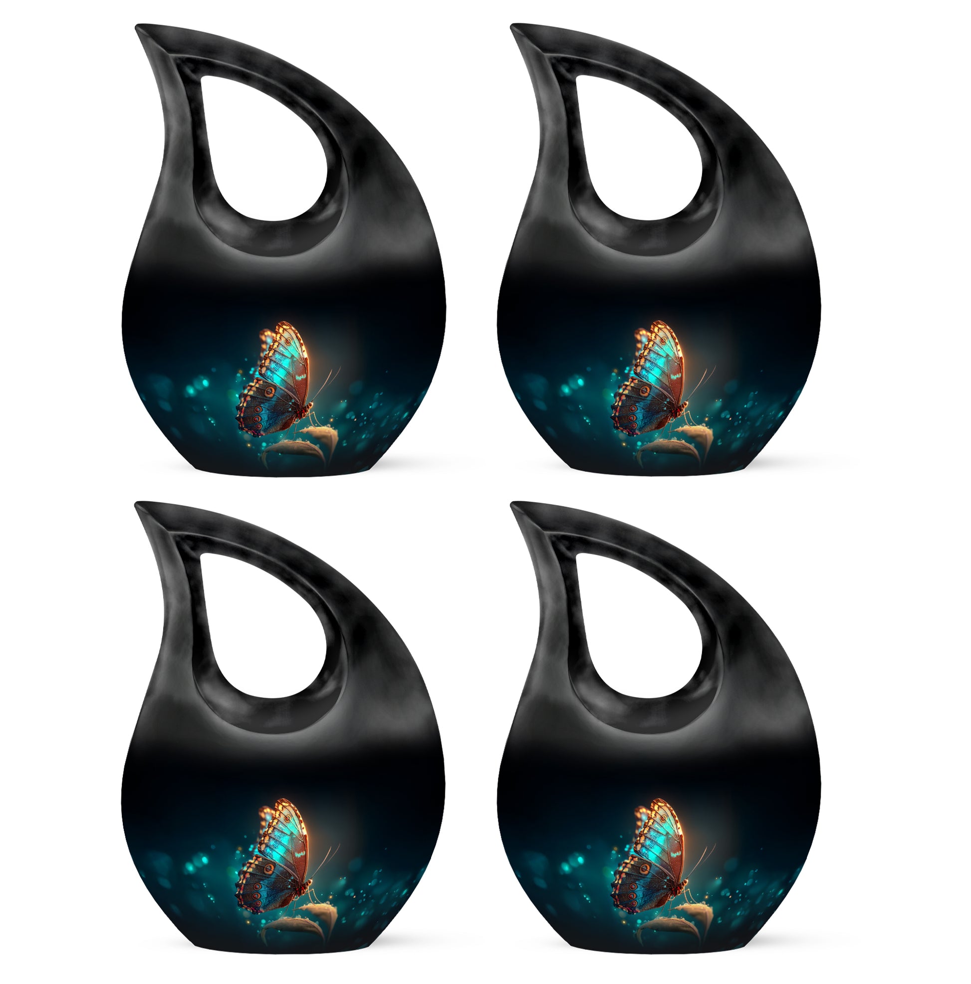 Charcoal Black Butterfly Cremation Urn lifestyle display on memorial shelf - devotional cross-drop butterfly engraving - 10 inch aluminum urn for cremated remains