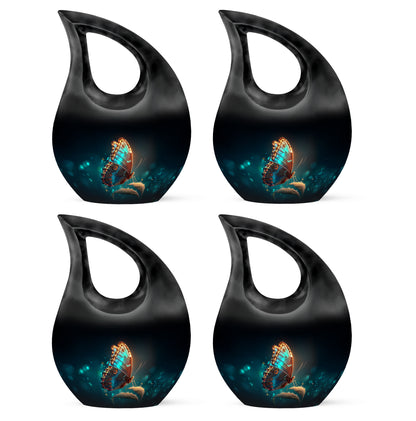 Charcoal Black Butterfly Cremation Urn lifestyle display on memorial shelf - devotional cross-drop butterfly engraving - 10 inch aluminum urn for cremated remains