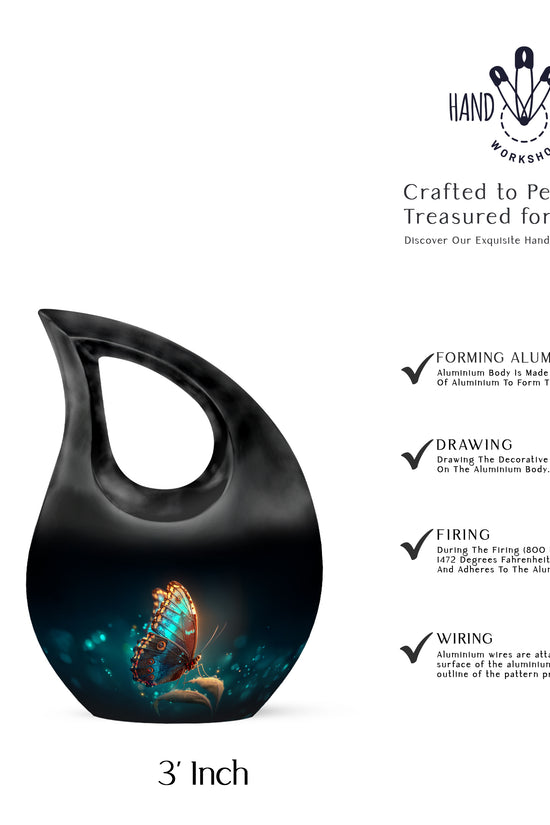 Dark Black Butterfly Cremation Urn back view with polished surface - faith-inspired cross-drop urn with butterfly pattern - mini keepsake memorial for portion of cremation ashes