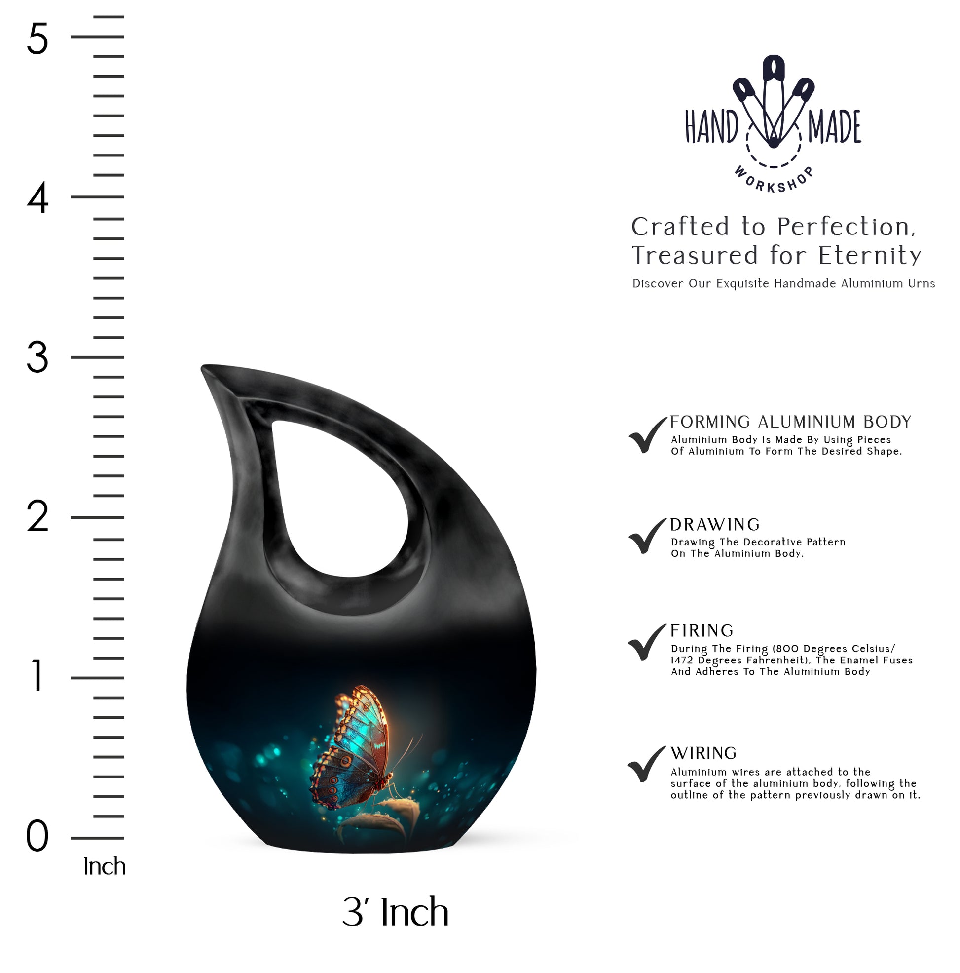 Dark Black Butterfly Cremation Urn back view with polished surface - faith-inspired cross-drop urn with butterfly pattern - mini keepsake memorial for portion of cremation ashes