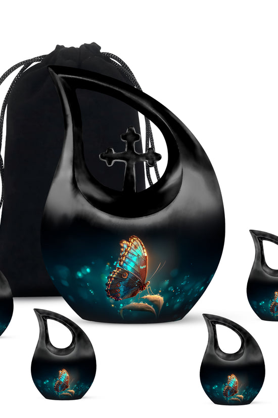 Charcoal Black Butterfly Cremation Urn urn with complimentary velvet bag - faith-inspired cross-drop urn with butterfly pattern - memorial set with one large and four small urns