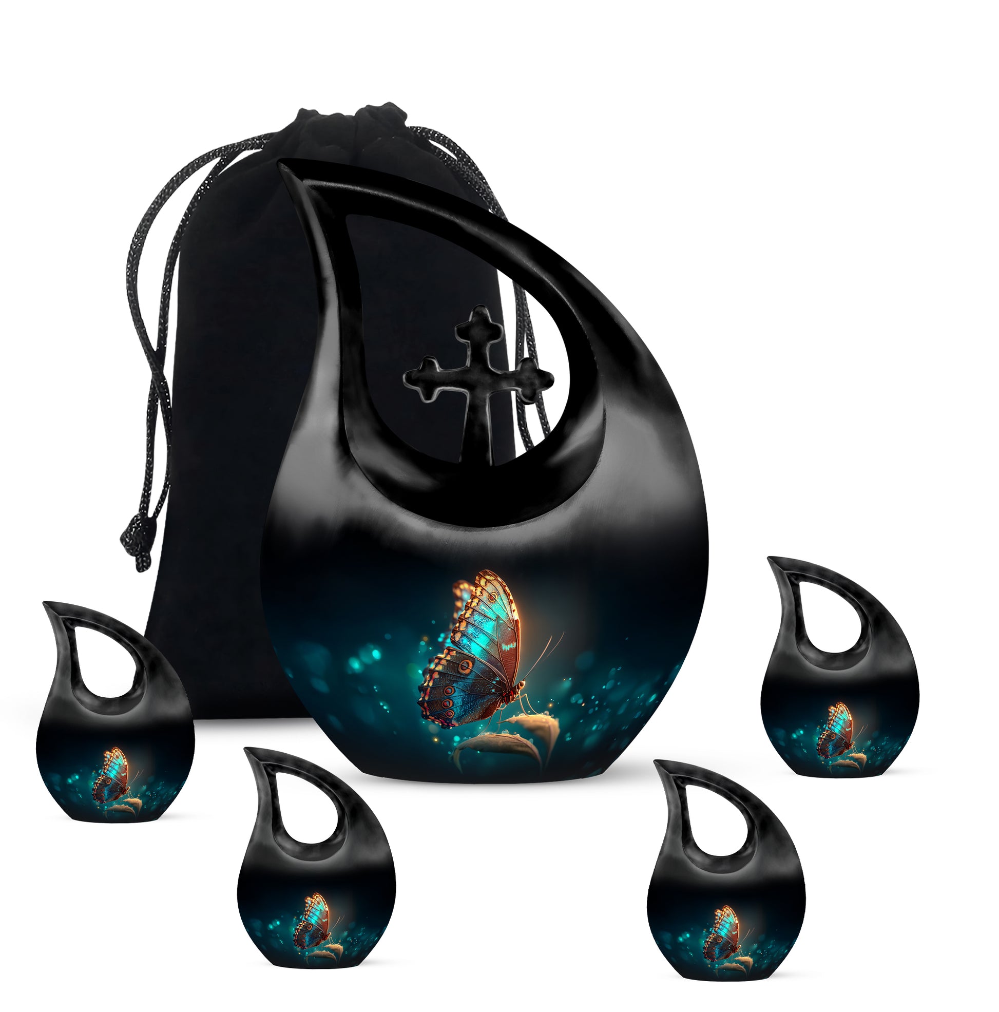 Charcoal Black Butterfly Cremation Urn urn with complimentary velvet bag - faith-inspired cross-drop urn with butterfly pattern - memorial set with one large and four small urns
