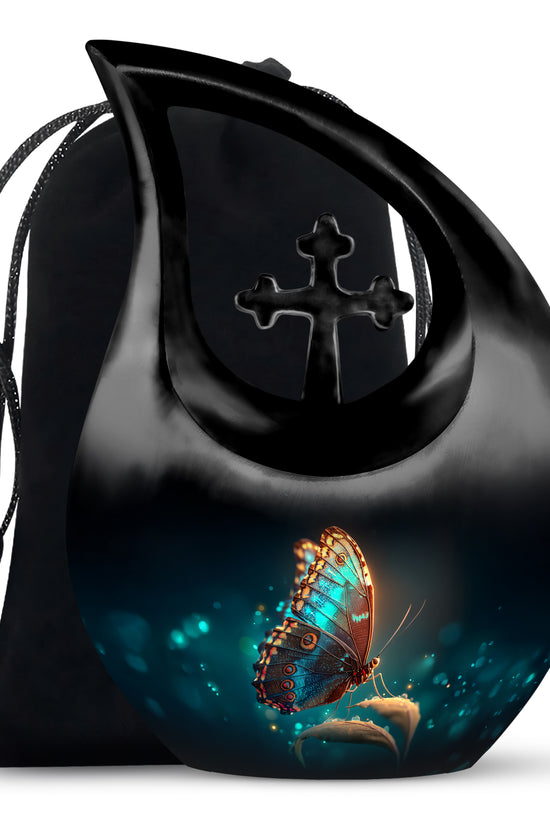 Midnight Black Butterfly Cremation Urn top-down view of secure threaded lid - devotional cross-drop butterfly engraving - full-size 10 inch 200 cubic inch adult cremation urn