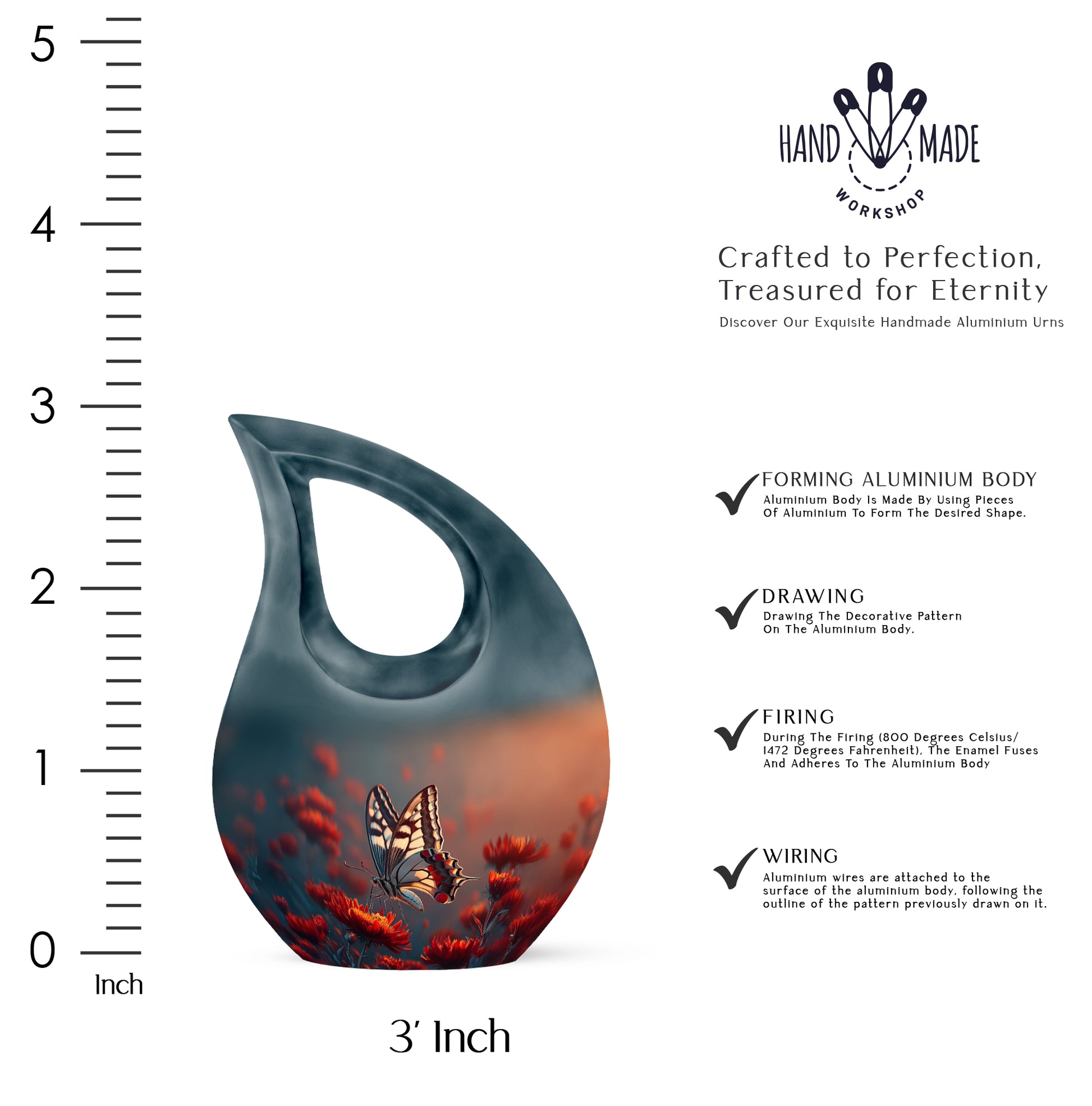 Azure Butterfly Cremation Urn back view with polished surface - sacred cross merged with butterfly motif on metal - mini keepsake memorial for portion of cremation ashes