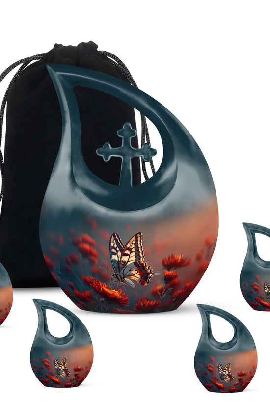 Dusty Blue Butterfly Cremation Urn urn with complimentary velvet bag - sacred cross merged with butterfly motif on metal - memorial set with one large and four small urns