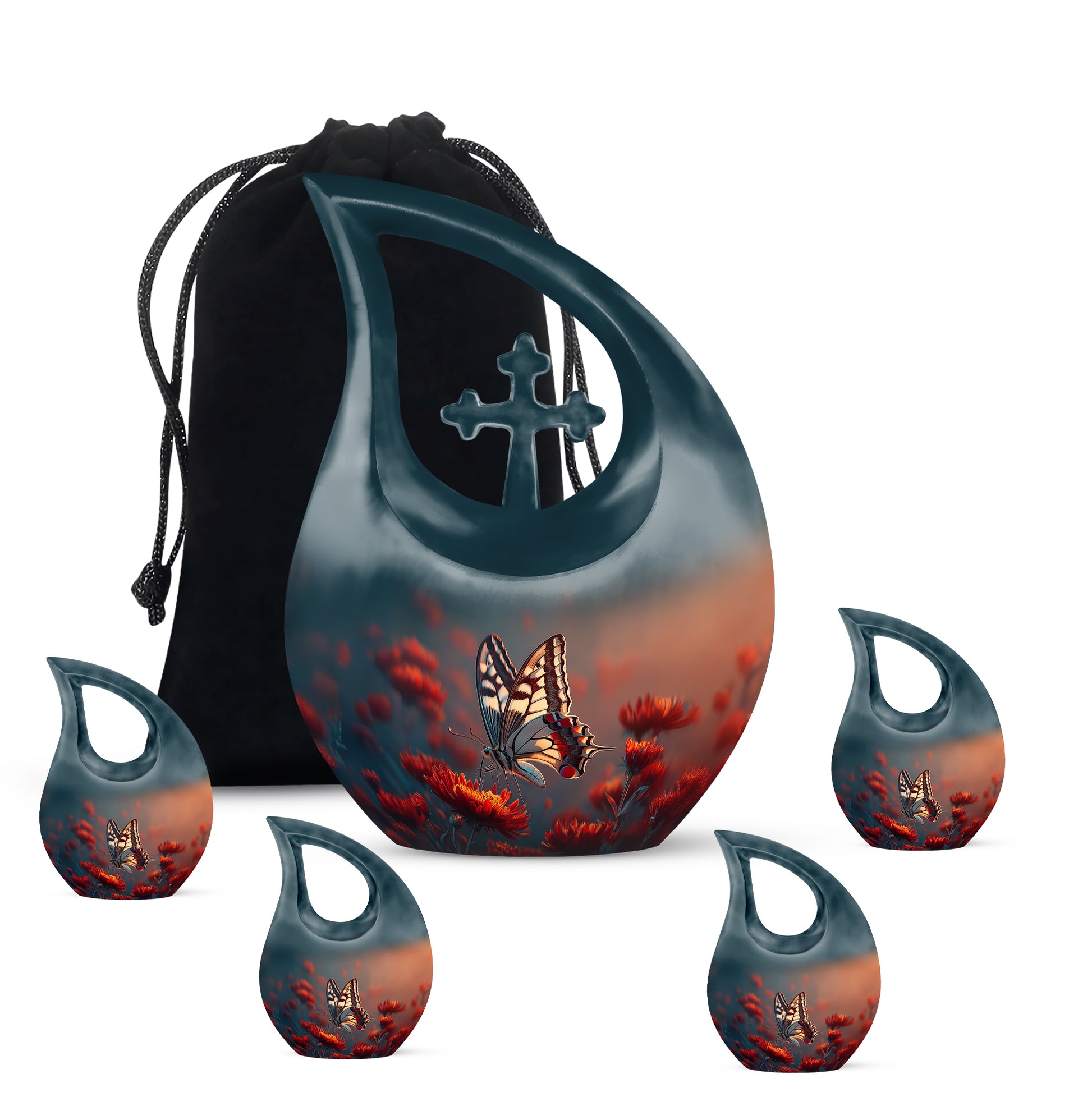 Dusty Blue Butterfly Cremation Urn urn with complimentary velvet bag - sacred cross merged with butterfly motif on metal - memorial set with one large and four small urns