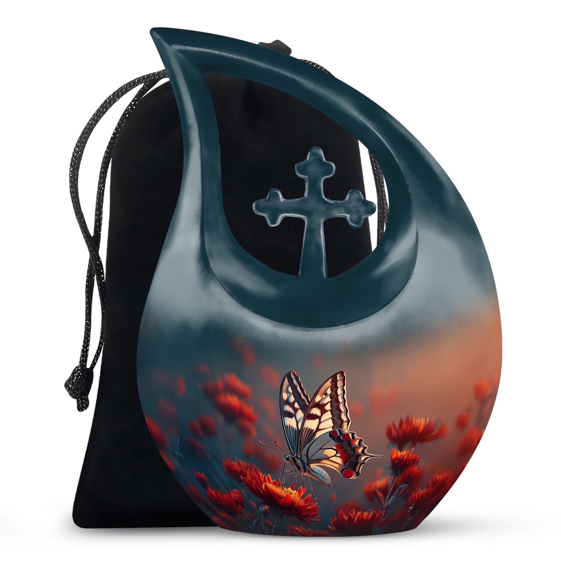 Celestial Blue Butterfly Cremation Urn top-down view of secure threaded lid - sacred cross merged with butterfly motif on metal - full-size 10 inch 200 cubic inch adult cremation urn