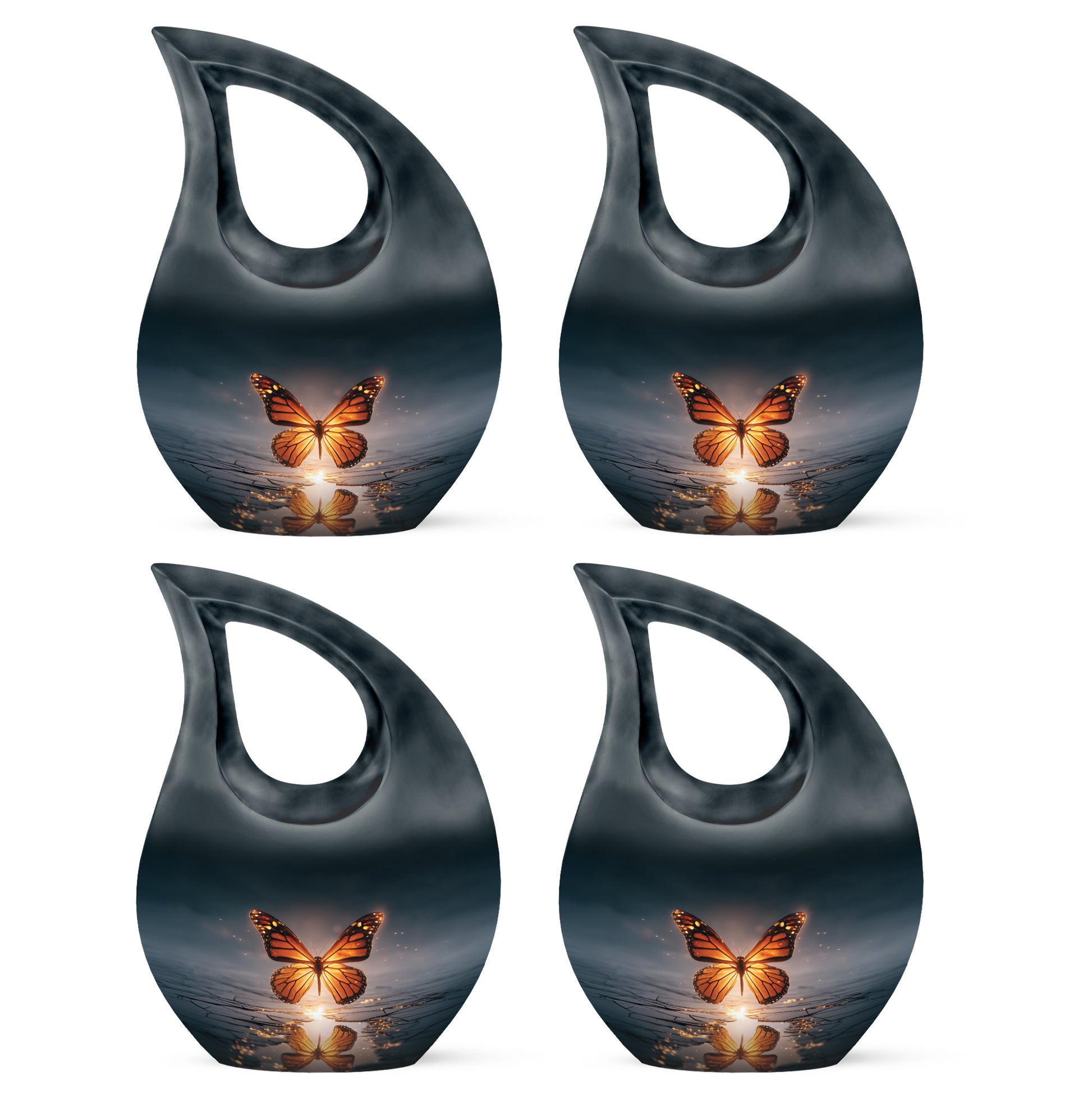 Navy Blue Butterfly Cremation Urn lifestyle display on memorial shelf - cross and butterfly combined in spiritual memorial design - 10 inch aluminum urn for cremated remains