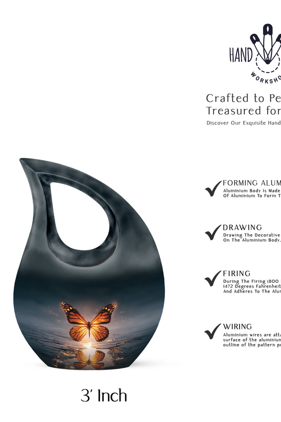 Calming Blue Butterfly Cremation Urn back view with polished surface - faith-inspired cross-drop urn with butterfly pattern - mini keepsake memorial for portion of cremation ashes