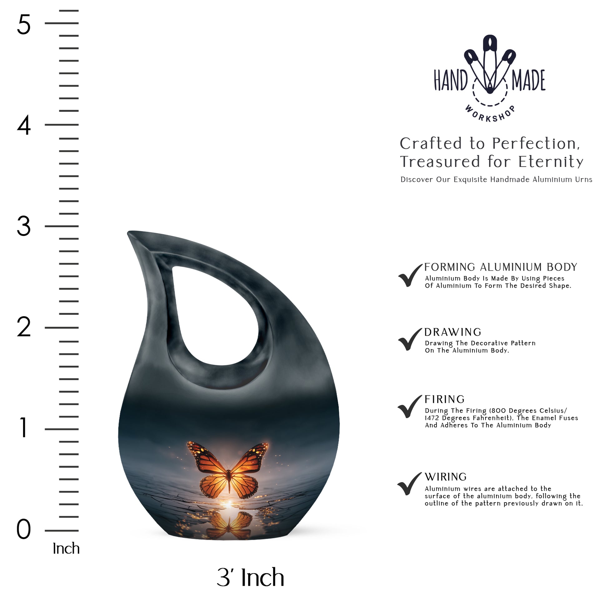 Calming Blue Butterfly Cremation Urn back view with polished surface - faith-inspired cross-drop urn with butterfly pattern - mini keepsake memorial for portion of cremation ashes