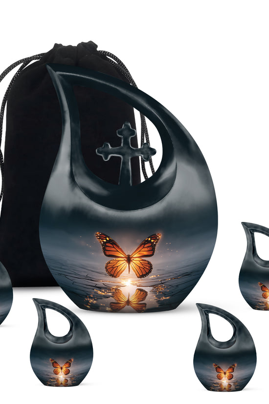 Steel Blue Butterfly Cremation Urn urn with complimentary velvet bag - devotional cross-drop butterfly engraving - memorial set with one large and four small urns