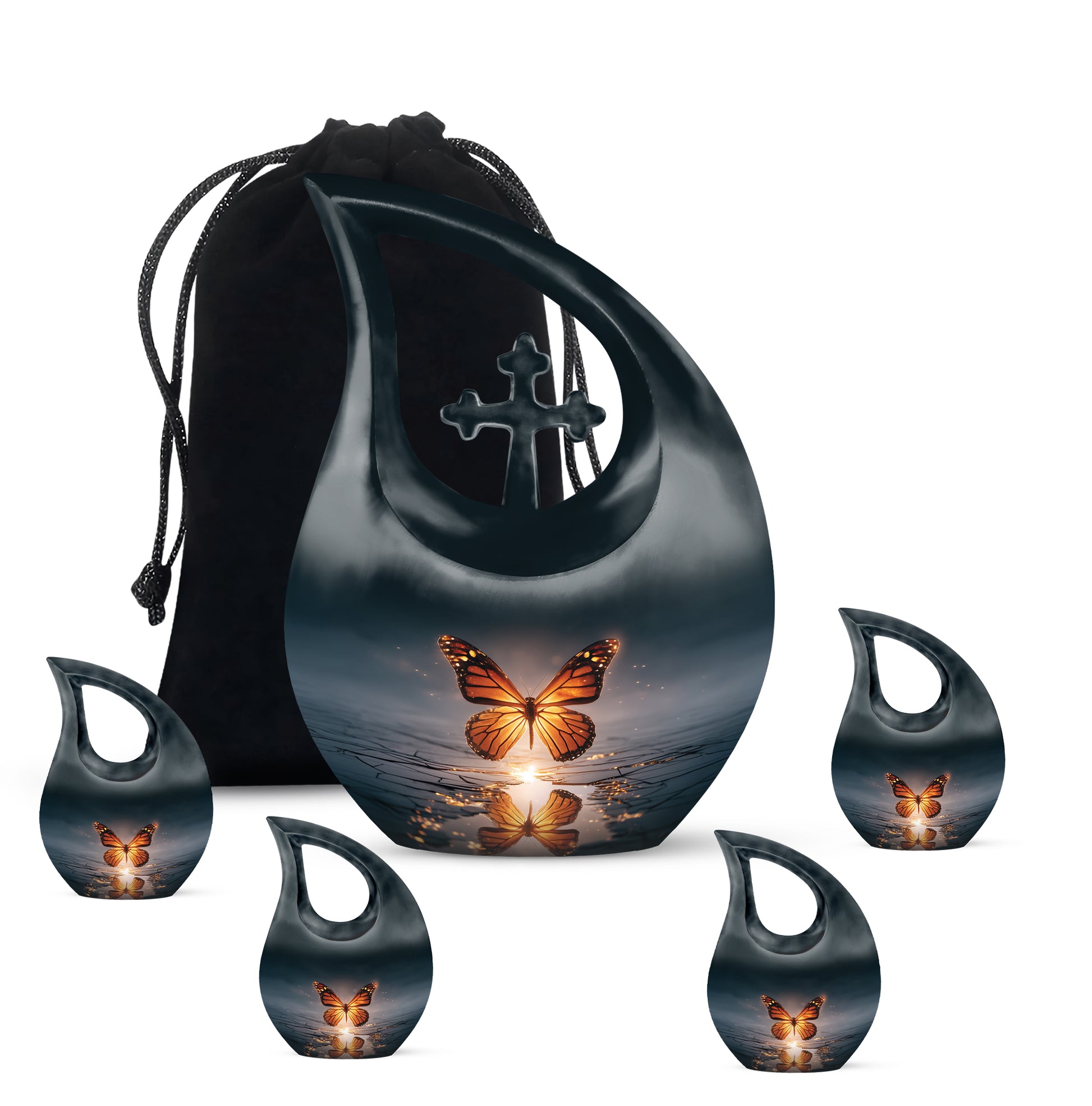 Steel Blue Butterfly Cremation Urn urn with complimentary velvet bag - devotional cross-drop butterfly engraving - memorial set with one large and four small urns