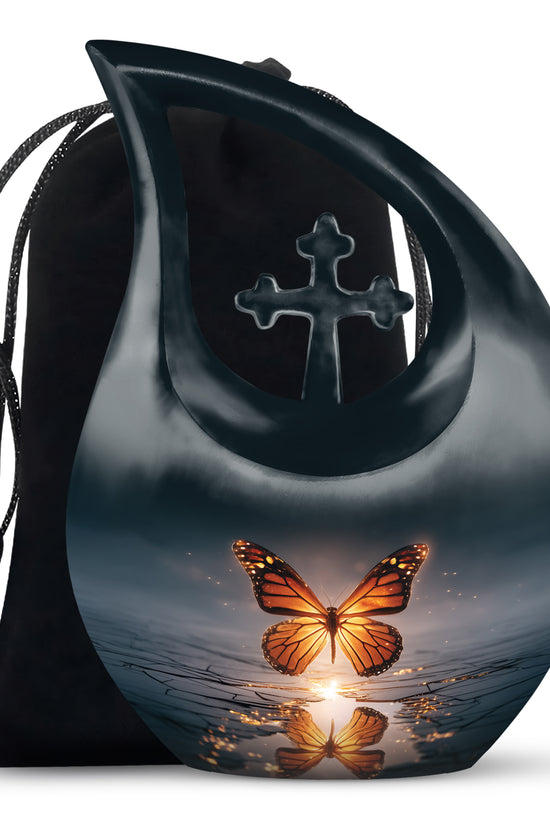 Sapphire Blue Butterfly Cremation Urn top-down view of secure threaded lid - devotional cross-drop butterfly engraving - full-size 10 inch 200 cubic inch adult cremation urn